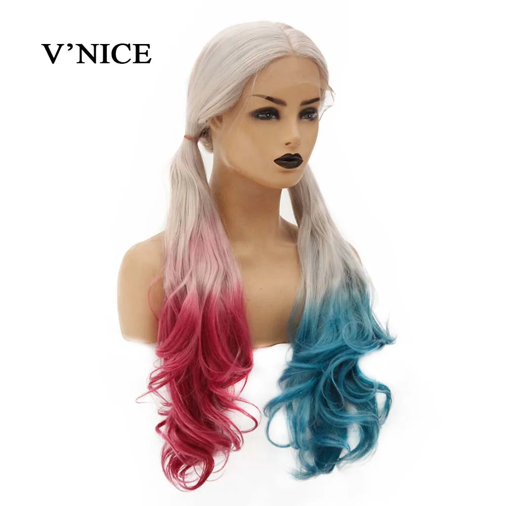 

V'NICE Harley Quinn Color Synthetic Lace Front Wig 150% Density Heat Resistant Fiber Hair Long Wavy Wigs for Women Cosplay