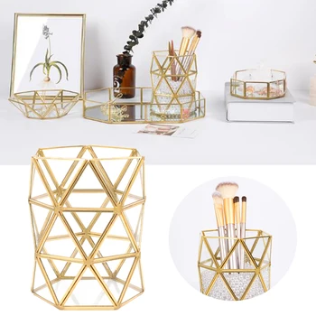 

Container Box Organizer Nordic Style Eyebrow Pencil Glass Cosmetic Storage Vase Desktop Display Rack Makeup Brush Holder Hexagon
