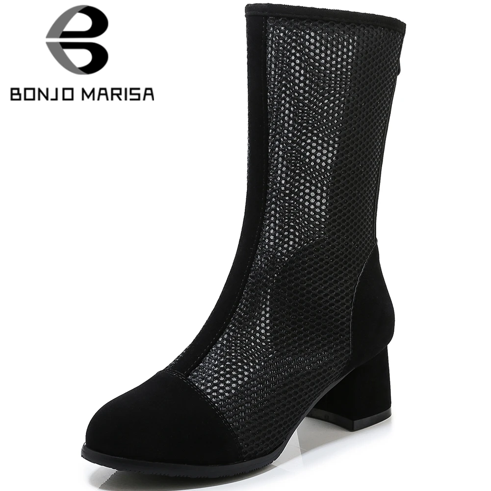 

BONJOMARISA Fashion Brand Lady Summer Boots Round Toe Hollowing High Heels Mid Calf Boots Women Casual Square Heels Shoes Woman