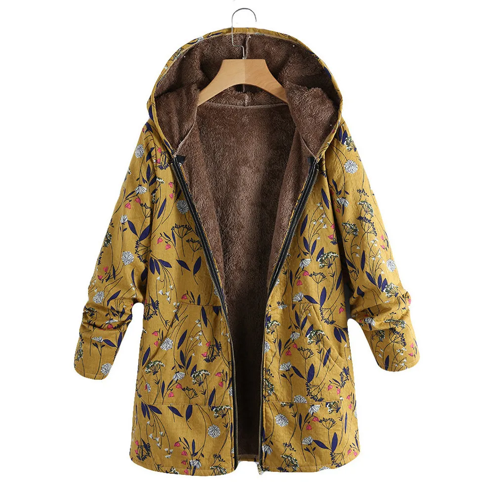 Женское пальто с капюшоном из пушистого меха, с цветочным принтом, женская зимняя куртка Vinatge, повседневная одежда пальто, большие размеры, женские парки