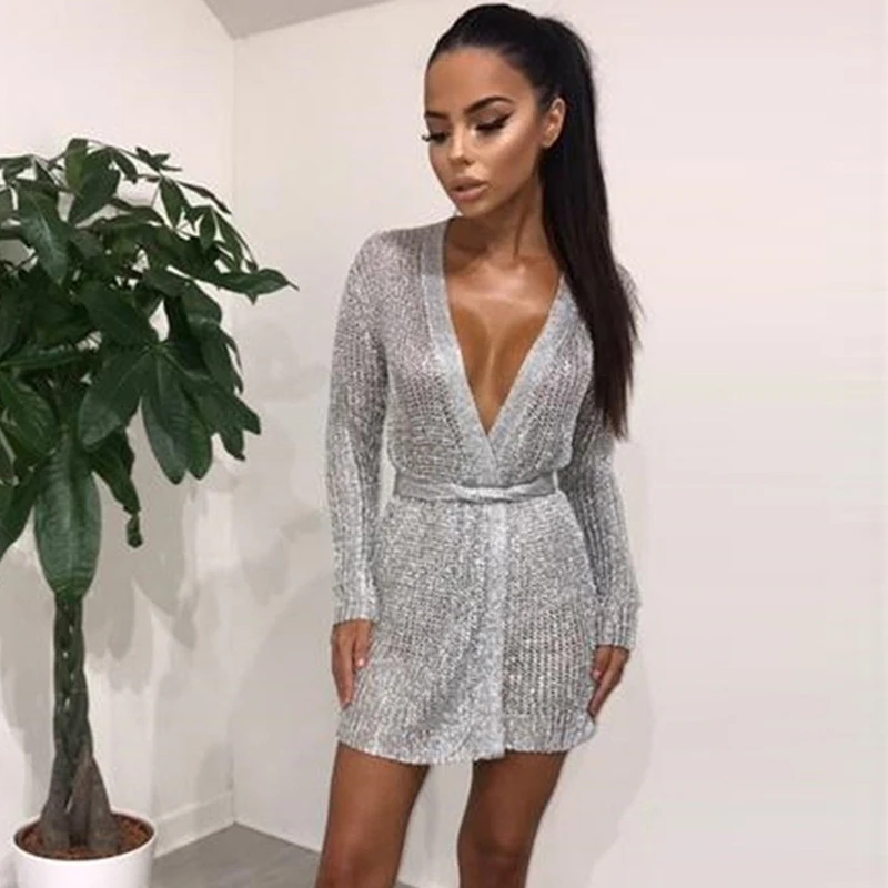 long sleeve metallic wrap dress