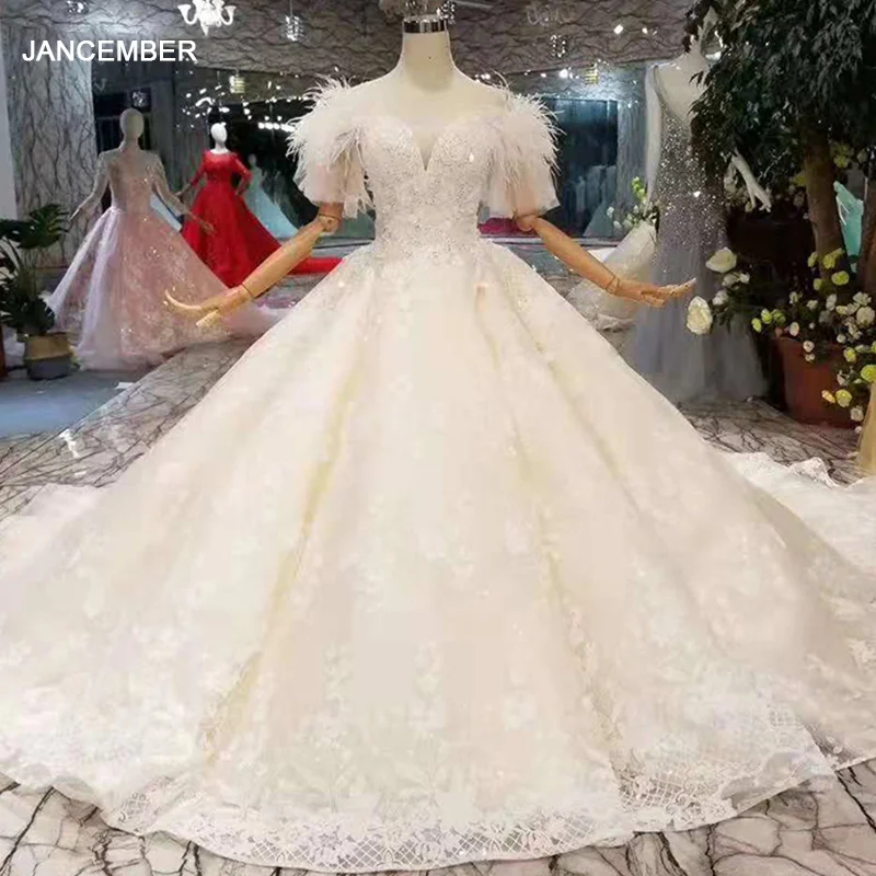Ls11030 Ostrich Feather Wedding Dress 11 11 Off The Shoulder Short Sleeve Ball Gown Hot Selling Lace Wedding Gown ÙØ³Ø§ØªÙÙ Wedding Dresses Aliexpress
