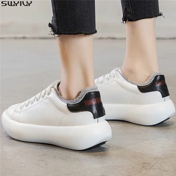 

SWYIVY Genuine Leather Shoes Woman Spring Chunky Sneakers Women 2019 Winter Short Plush Solid Women Sneakers Shallow Ladies Shoe