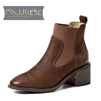 

MLJUESE 2021 women Ankle boots Cow leather Winter short plush Round Toe Elastic band High heels female Chelsea boots size 42