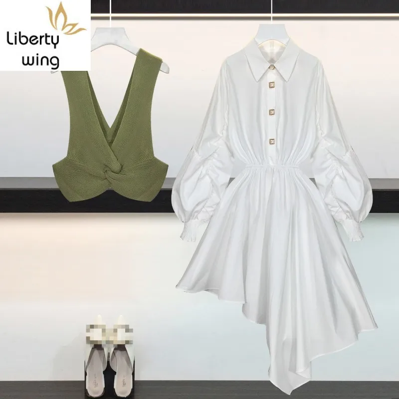 

Spring Elegant Slim White Asymmetrical Female Green Vest Streetwear Sweet Puff Sleeve Single Breasted Dress Waistcoat