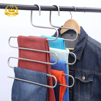 

New Magic Stainless Steel Trousers Hanger Multifunction Pants Closet Belt Holder Rack S-type 5 Layers Saving Space YDHS