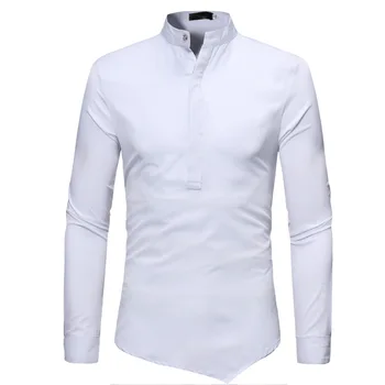 

Mens White Irregular Shirts 2019 Fashion Stand Collar Long Sleeve Shirt Men Business Work Casual Social Shirt Male Chemise Homme
