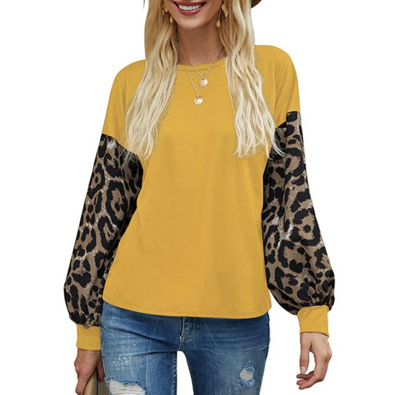 

Women Causal Long Lantern Sleeve Blouse Female Loose Leopard Print Constrast Solid Round Nneck Autumn Womens Tops MX0026