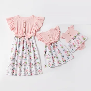 

Ruffled Sleeve Mother Daughter Macthing Dresses Flower Mommy and Me Clothes Family Look Women Girls Mom Mum Baby Dress Outfits