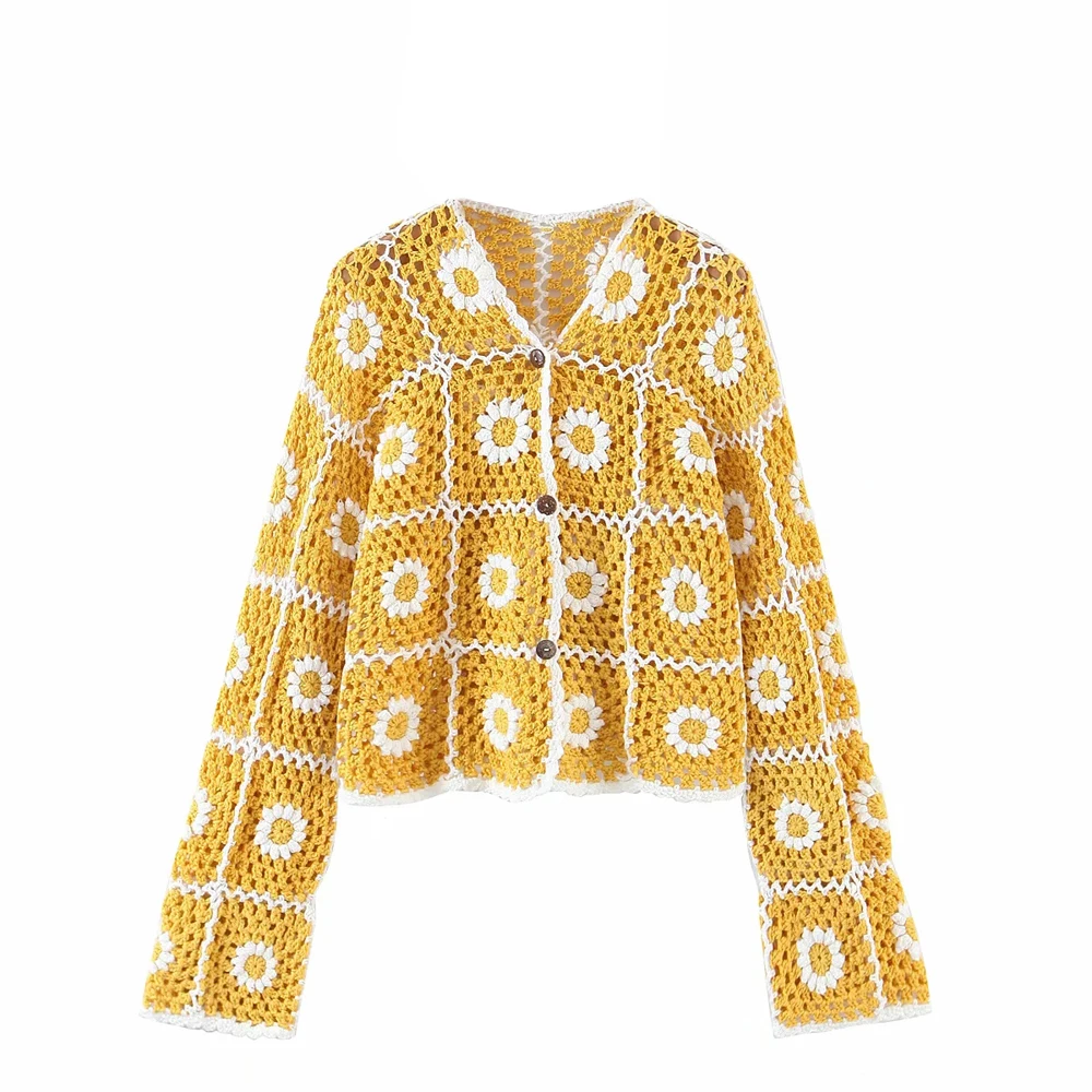 

Cropped Knit Cardigan Sun Protection Sweater crochet Jersey mesh fabric Outerwear Handmade Sunflower Knitted Hollow Out coat