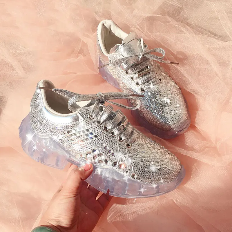 

NEW Leather 2019 Diamond Sneaker Clear Platforms Bling Bling Women Sneakers Lace Up Thick Bottom Casual Shoes Woman