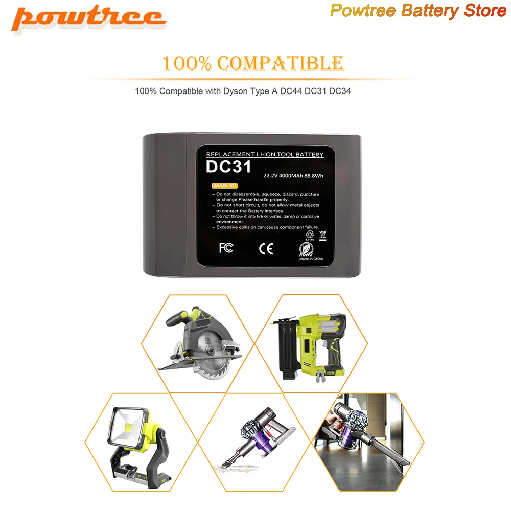 Powtree DC31 (type A) 22.2V 4000mAh Li-ion Vacuum Battery for Dyson DC35 DC45 DC31 DC34 DC44 DC31 Animal DC35 Animal 917083-01 L