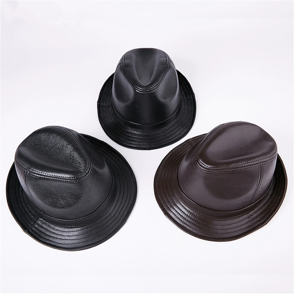 LA SPEZIA Men Fedora Hat Real Leather Sheepskin Dark Brown Jazz Hat Male Autumn Winter High Quality Men's Flat Top Cap