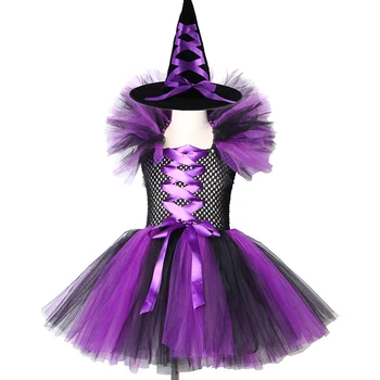 

Purple Black Girls Witch Tutu Dress with Hat Children Halloween Cosplay Costume Clothes Tulle Girls Fantasy Carnival Party Dress