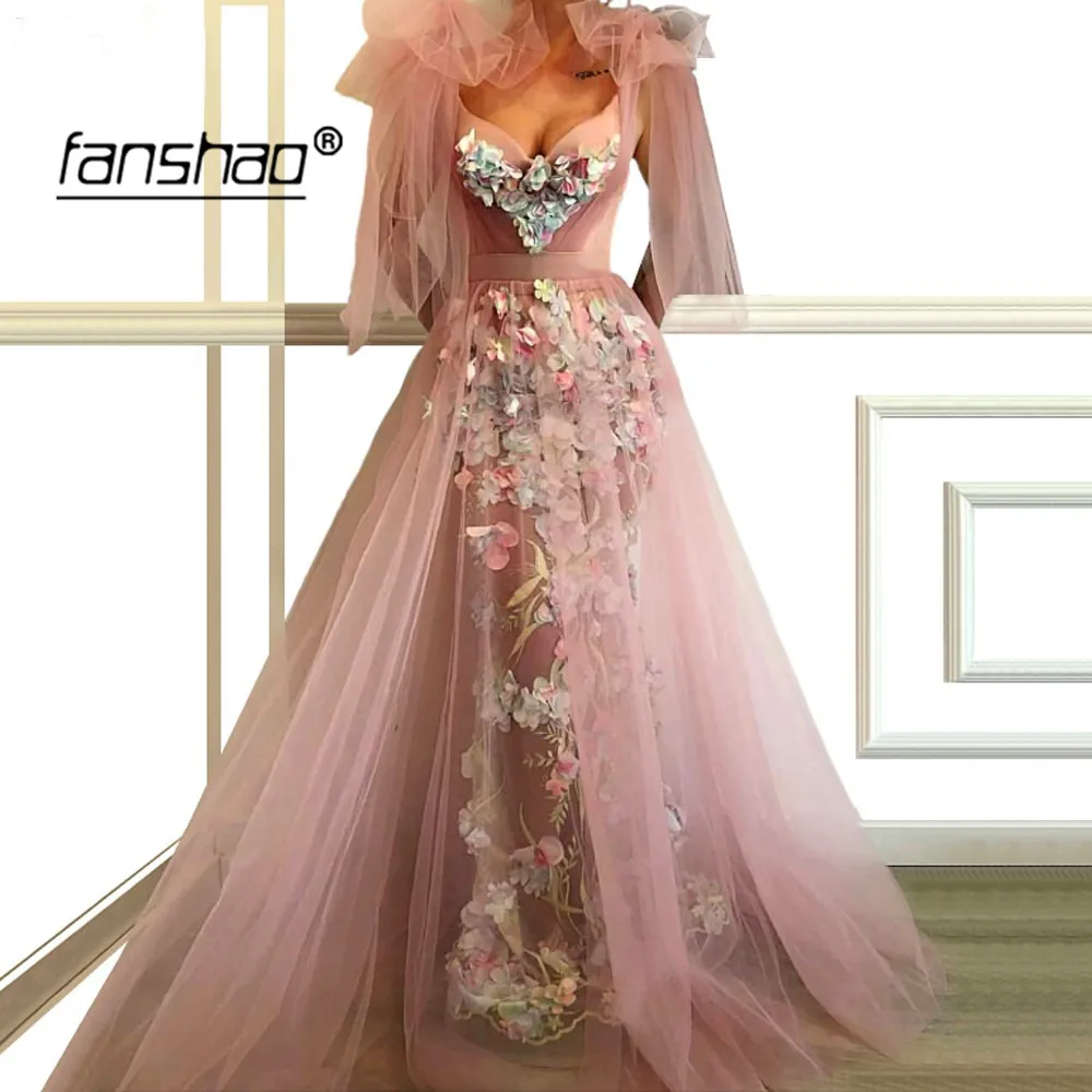 

Pink See Through Evening Dresses 3D Flowers Lace V-neck New Arrival Saudi Arabic Special Occasion Party Dress Plus Size