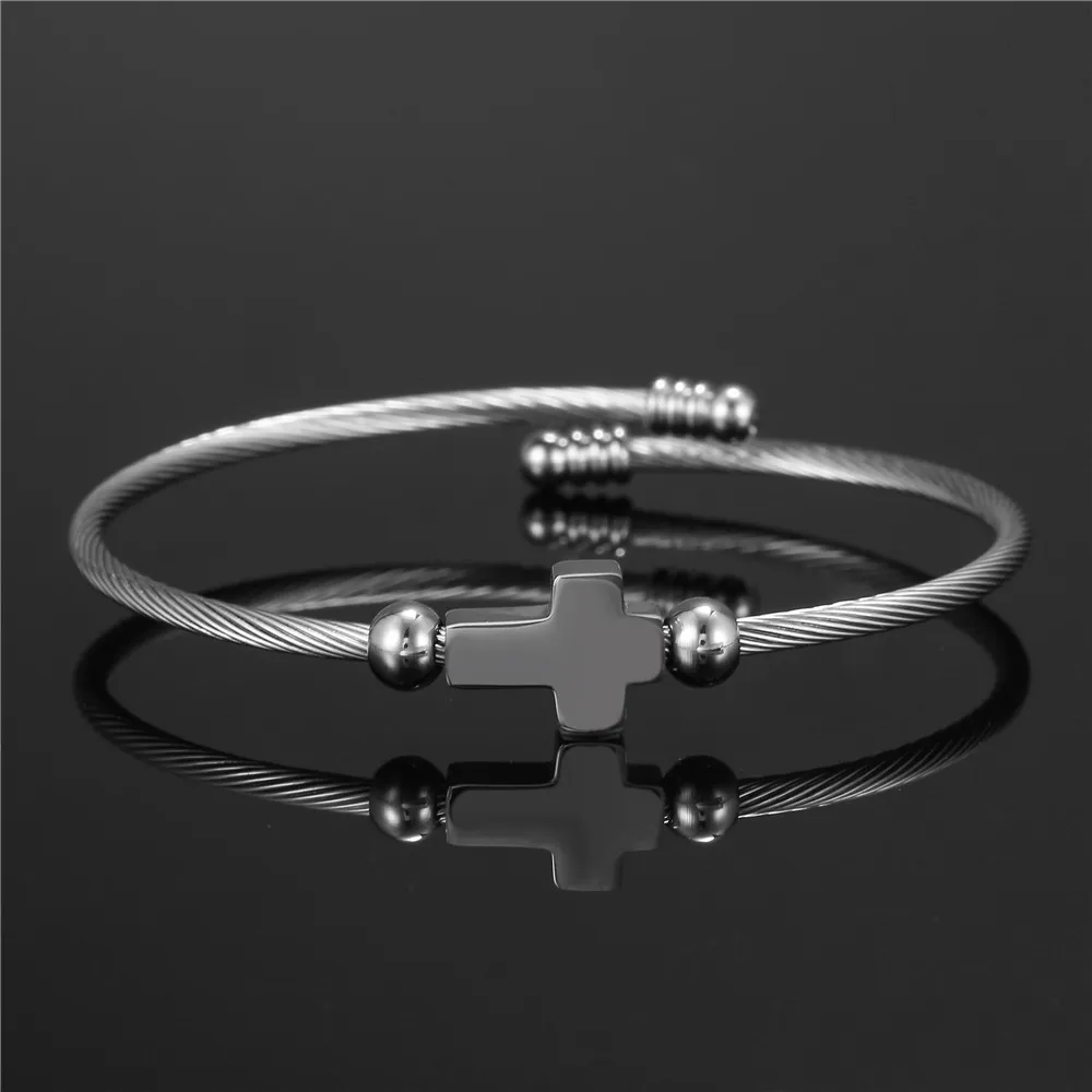 Bangle Bracelet Stylish Cross Bangle for Women Men Glossy Stainless Steel Cuff Bracelet Unisex Religious Faith Open Cross Bangle Jewelry bangle bracelet stainless steel bracelet