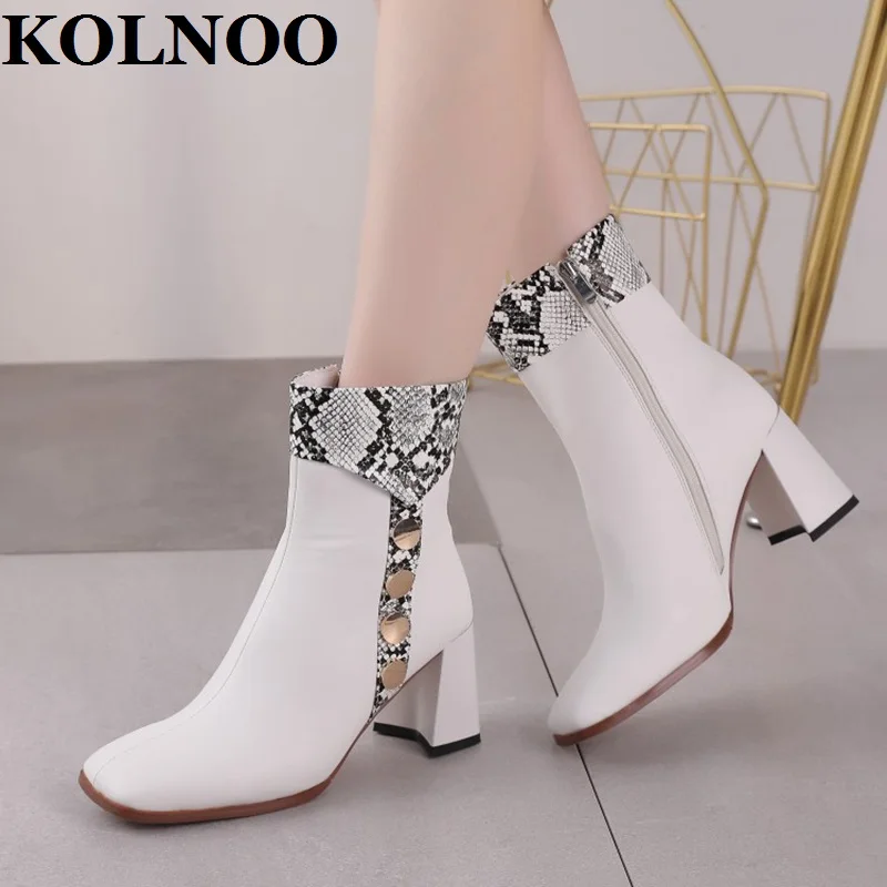 

Kolnoo Newest Arrival Handmade Ladies Chunky Heels Ankle Boots Patchwork Snake Leather Sexy Dress Boots Evening Fashion Shoes
