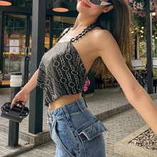 

2021 Summer Women's Chain Neckline, Loop, Printed Strappy Back Vest Tank Top Women E Girl Clothes Y2k Tops Backless Bandage