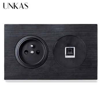 

UNKAS 16A French Standard Port + Female RJ45 Internet Computer Jack Wall Socket 146MM*86MM Black Aluminum Panel Outlet