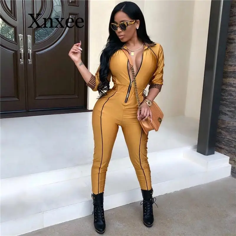 Autumn Sexy Solid Front Zippers Jumpsuit Three Quarter Sleeve Ladies Night Club Party Overalls Outfits Deep V Vintage Elegent | Женская