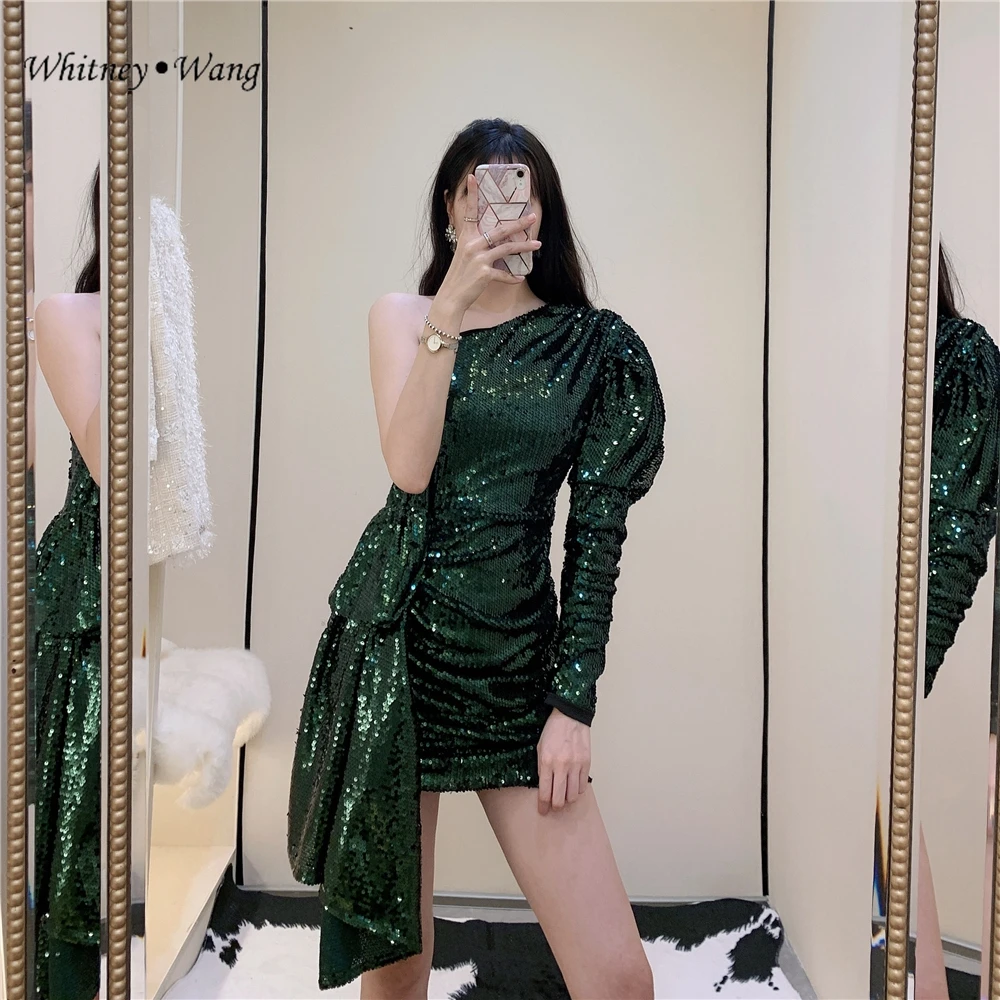 WHITNEY WANG Модное Элегантное мини-платье на одно плечо с пышным рукавом с большим бантом и блестками женское сексуальное платье для ночного клуба платья для вечеринок