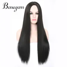 Benegem 24 inch Long Black Wig Synthetic Straight Women Wig Middle Part Non-Lace Cosplay Wigs for Party Costume 60 cm