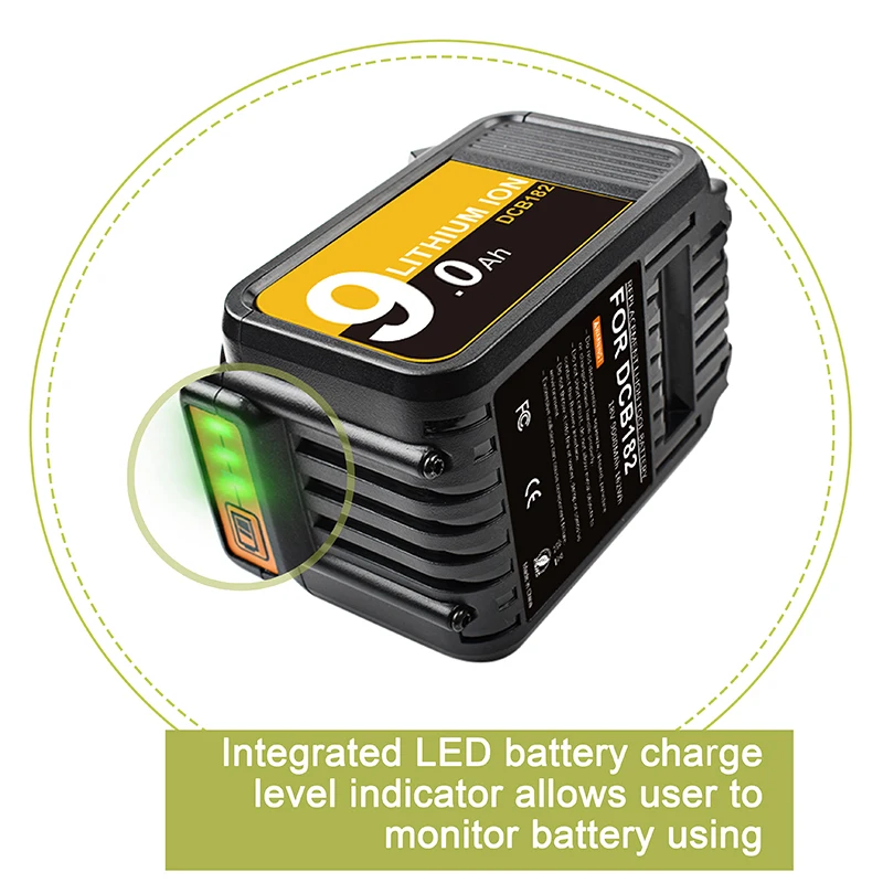 Powtree 9000mAh 18V Rechargeable Battery for DeWalt DCB181 DCB182 DCB200 DCB205 DCB204 DCB206 Power Tools Battery 18 V