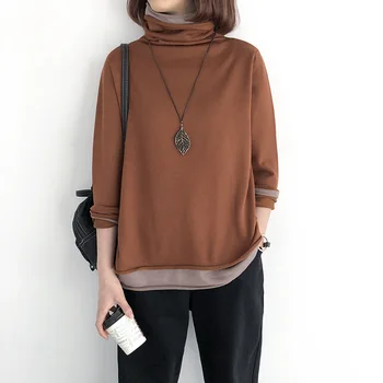 

2020 Spring Loose Turtleneck Women Sweater Fake two-piece Knitted Sweater Stitching Color Cotton Lady Bottoming Pullover Women