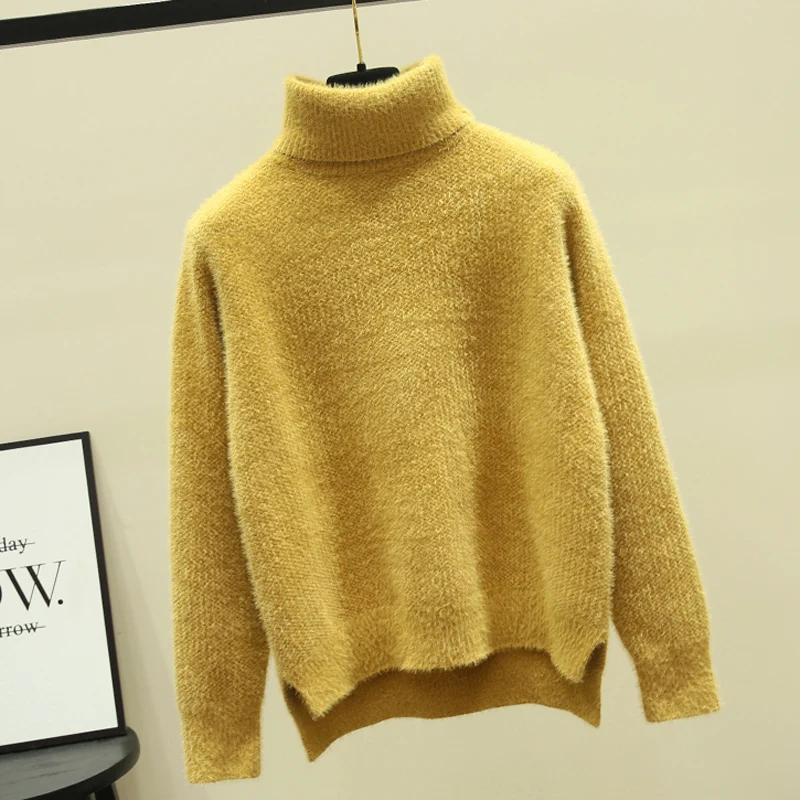 Свитер с высоким воротом, толстый белый свитер с высоким воротником, женский свитер размера плюс, зимние вязанные свитера для женщин, джемпер, Пушистый пуловер