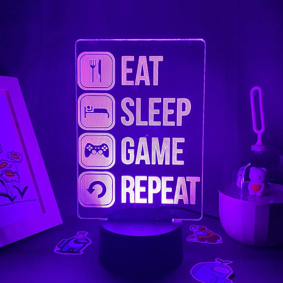EAT SLEEP GAME REPEAT Neon Lamps 3D Led RGB Night Lights Birthday Cool
