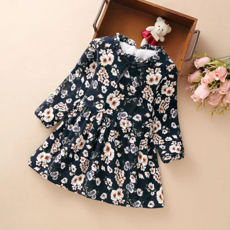 

Winter Elegant Flower Dress Children Girls Cotton Patchwork Print Long Sleeve Turn-down Collar Dress Fall 2023 Fleece Clothes
