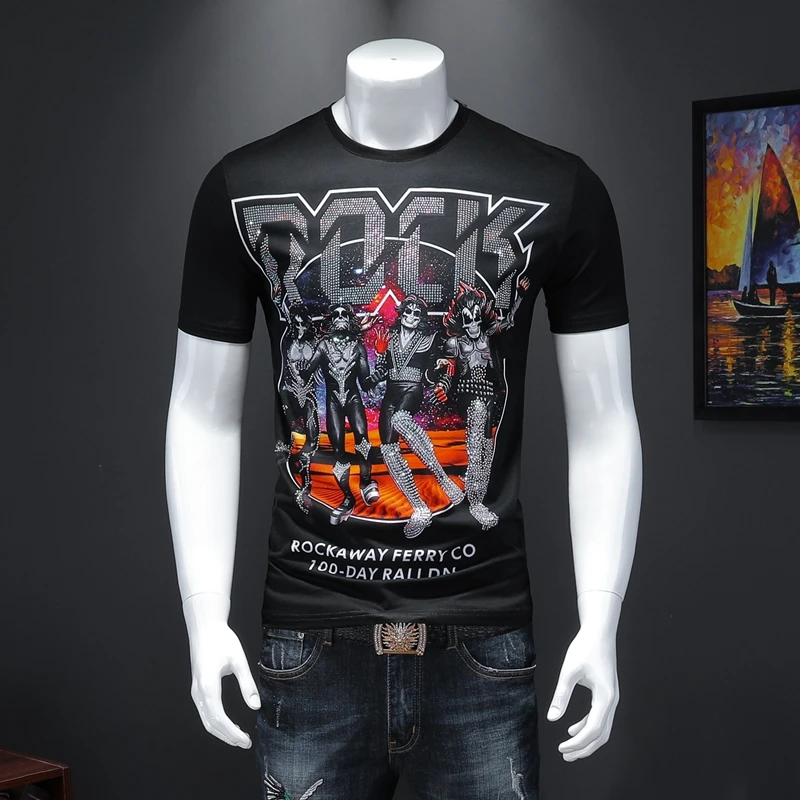 

2020 Men's Black T-shirt Heavy Metal Rock Print Cotton Rhinestones T shirts Summer High Quality Clothing