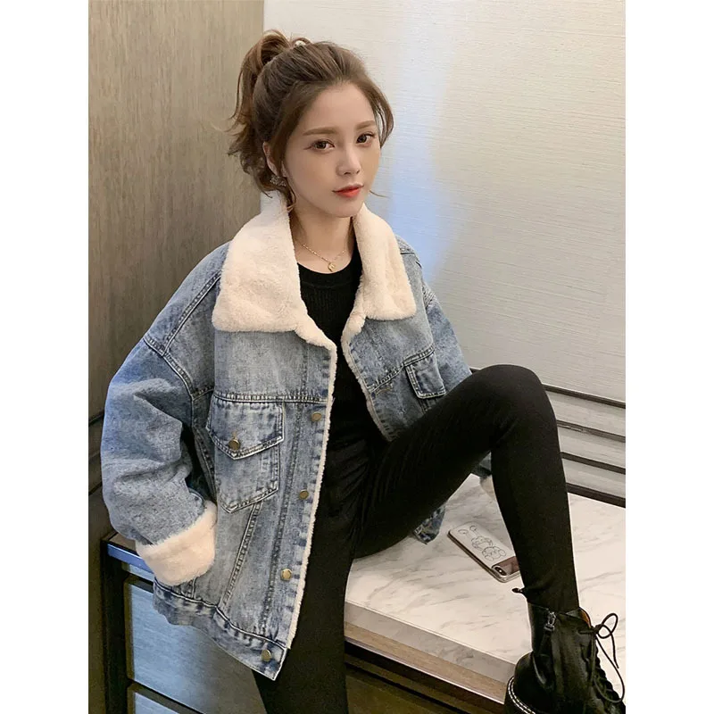 

2019 New Style Autumn And Winter Online Celebrity Loose-Fit BF Style plus Velvet Jeans Coat Students Cotton Coat Furry Fold-down