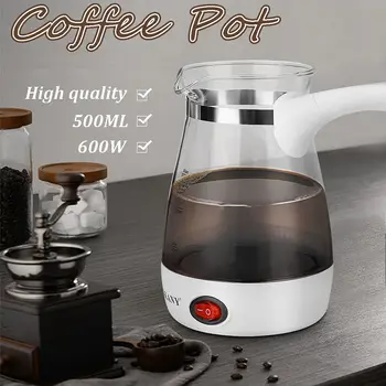 

500ml Electrical Coffee Maker Pot Home Turkish Greek Coffee Kettle Portable EU Plug Clear Glass + Stainless Steel Heat Resistant