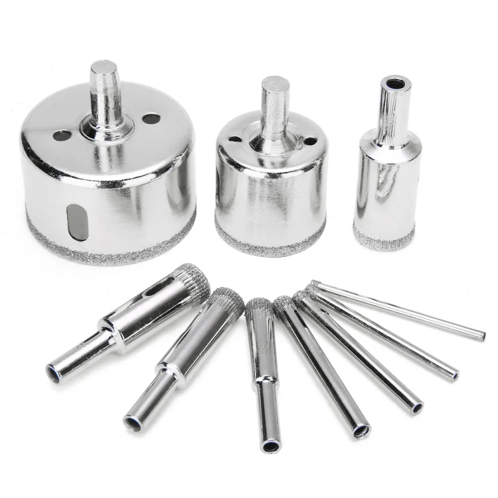 10pcs 3-50mm Diamond Drill Bit Set for Glass Ceramic Tile Marble Hole Saw Drilling Opener Electric Drilling Tool Accessories