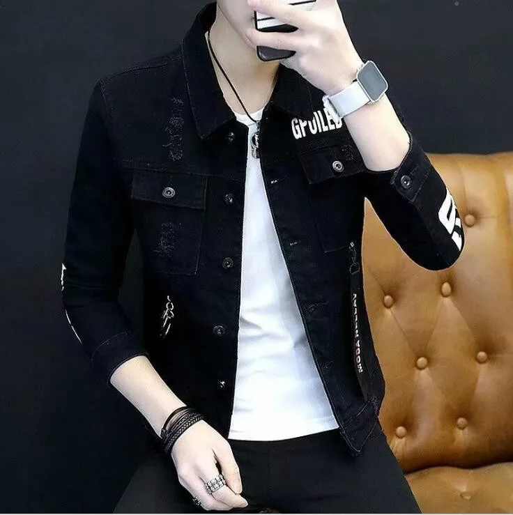 

Spring 2019 Slim Denim Jackets Mens Biker Hip Hop Ribbons Destroy Ripped Jeans Jacket For Men Streetwear White/Red/Black