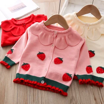 

Baby Girls Knitted Cardigan Tops Spring New Sweet Ruffled Collar Strawberry cute Sweater Coat baby girls cloths kids