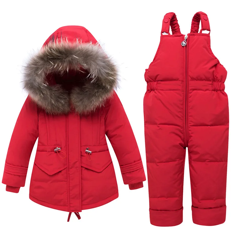 

-30 Degrees Baby Boys Cold Winter White Duck Down Jacket+Pant Baby Girls Warm Real Fur Collar Hooded Ski Set Child Ski Suit