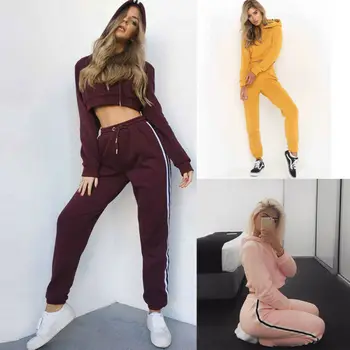 

New 2019 2Pcs Women Ladies Tracksuit Crop Hoodies Hodded Sweatshirt Pants Sets Leisure Fashion Wear Casual Suit Sets Sunsuits