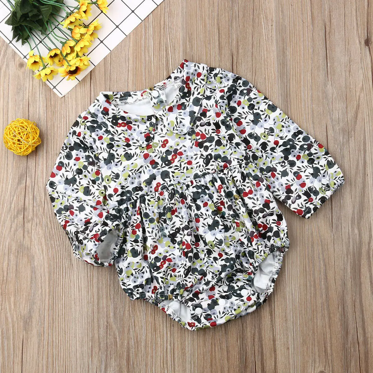Newborn Infant Baby Girls Bodysuits Long Sleeve Floral Print Peter Pan Collar Bodysuit Jumpsuit Clothes