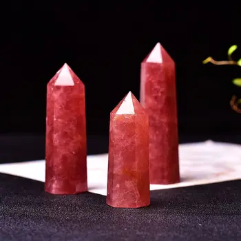 

1PC Natural strawberry quartz hexagonal column Crystal Point Mineral Ornament Healing obelisk Wand Home Decoration DIY Gift