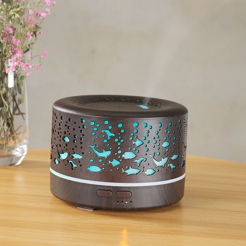 

500ml Hollow Ultrasonic Aroma Diffuser Wood Grain Air Humdifier with Night Lamps Timing Mist Maker Mini Home Air Purifier