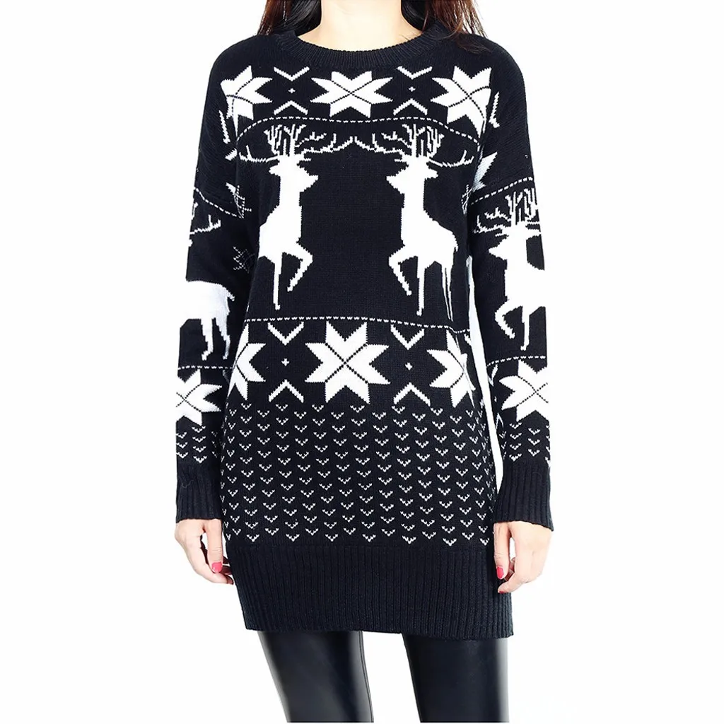 Christmas Sweater Dress Women Deer Crochet O Neck Long Sleeve Pullover Blouse Tops Pull Femme Nouveaute Jersey Mujer Sweter