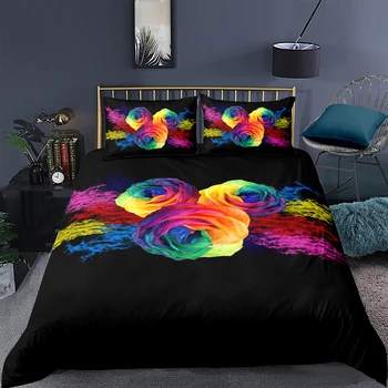 

Colorful Rose Bedding Set King Size Creative Romantic 3D Duvet Cover Black Queen Twin Full Single Double Unique Design Bed Set