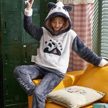 

Plus Size Winter Long Sleeve Hooded Thick Warm Flannel Pajama Sets for Women Coral Velvet Cute Cartoon Panda Sleepwear Homewear