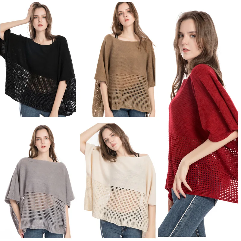 Check hollow collar shawl, autumn and winter warm imitation cashmere monochrome pullover cloak