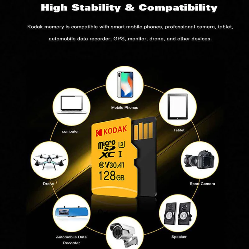 Original Kodak 512GB Micro SD card class 10 16G 32G 64GB U3 4K High Speed cartao de memoria Flash Memory Card 128gb mecard C10