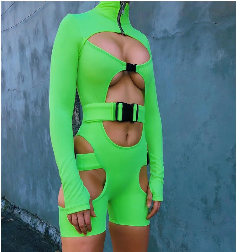 Hip Punk Hole Hollow Women Sexy Front Buckle Strappy Short Romper Jumpsuit Leotard Sleeveless Stretch Bodysuit DJ dance outfit |
