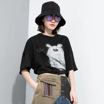 

Knit Cotton Tees Female White Color 2020 Summer Animal Printed Round Collar T-shirt 116CM Chest Large Size Pullover Tops