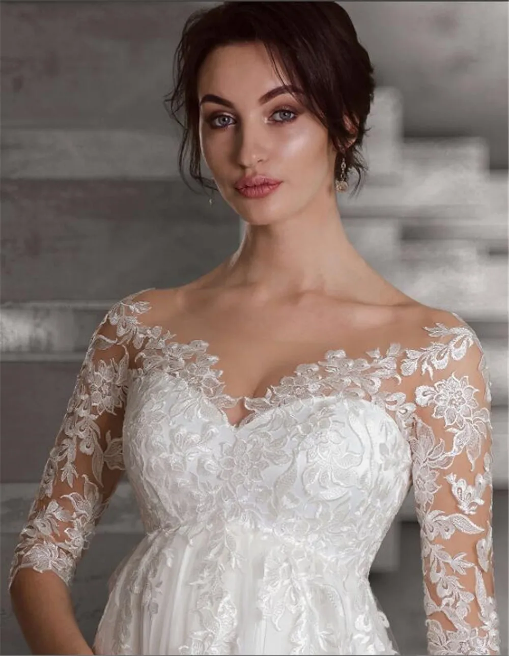 Thinyfull Empire Lace Wedding Dresses For Pregnant Woman Half Sleeves Sheer O-Neck Soft Tulle Maternity Bride Dress Plus Size 3